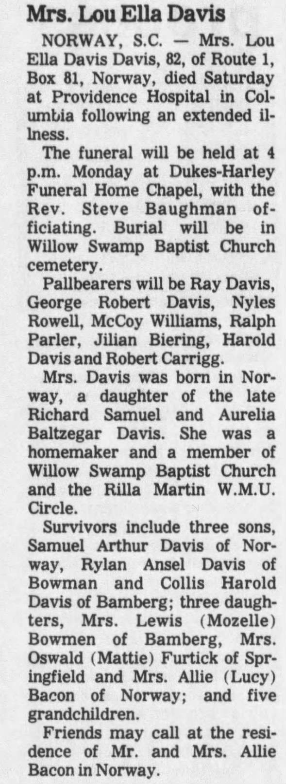 Obituary for Lou Ella Davis Davis (Aged 82)